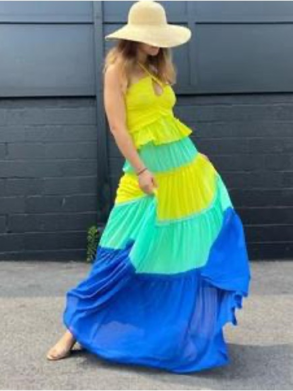 Yellow & Teal Tiered Maxi Dress with Blue Hem